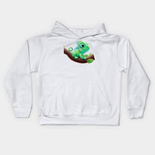 Green lovely chameleon on tree branch Kids Hoodie